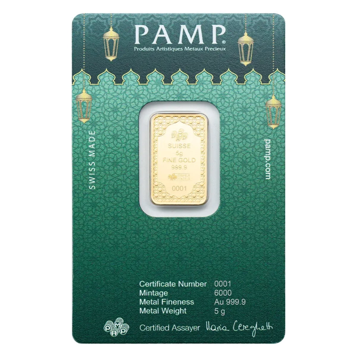 Pamp Suisse Eid Mubarak 5 Gram Gold Bar in Assay w/ Sleeve - Low Serial