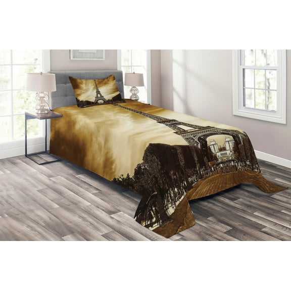 Ambesonne Eiffel Quilted Coverlet 2 Pcs, Paris France Brown Skies, Twin Size, Yellow and Brown