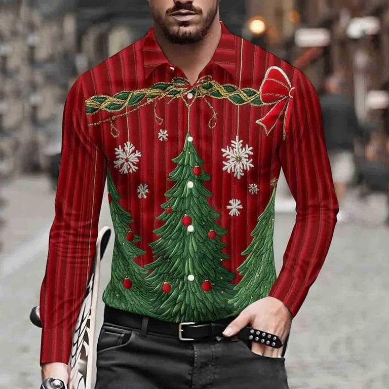 christmas party dress shirts qolati Mens Christmas Shirts Casual Printed Long Sleeve Button Up Dress Shirt Male Winter Festival Shirts Santa Claus Party Hawaii Blouses Top