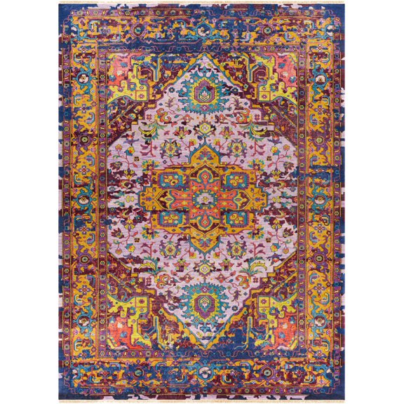 Hauteloom Wezac Wool Living Room, Bedroom Area Rug - Medallion Floral Border - Traditional Oriental Boho - Multicolor, Yellow, Burgundy - 2' x 3'