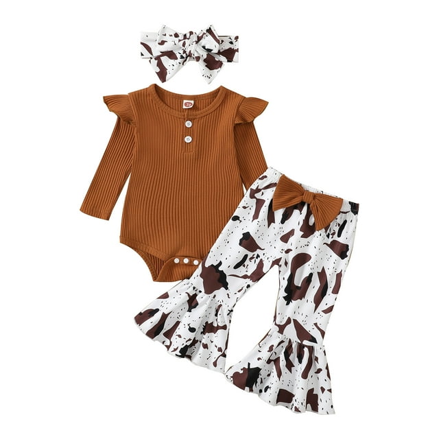 Baby Girls Long Sleeve Romper and Flared Trousers Clothing Sets Brown 3