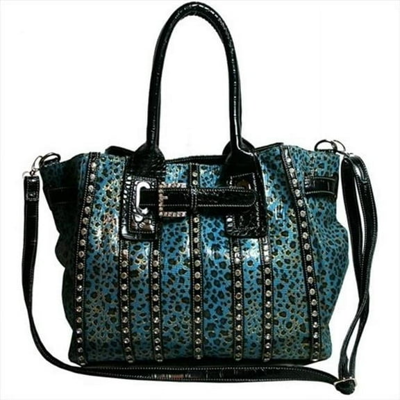 Ritz Enterprises MS105-TQ-Leopard Womens Belted Leopard Print Fashion Tote Bag Striped With Rhinestones- Turquoise