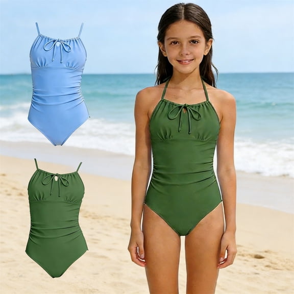 SHenli Girls Swimming Suit One Piece Swimwear Soild Color Adjusting Drawstring Swimsuits Beachwear for 6-14Y