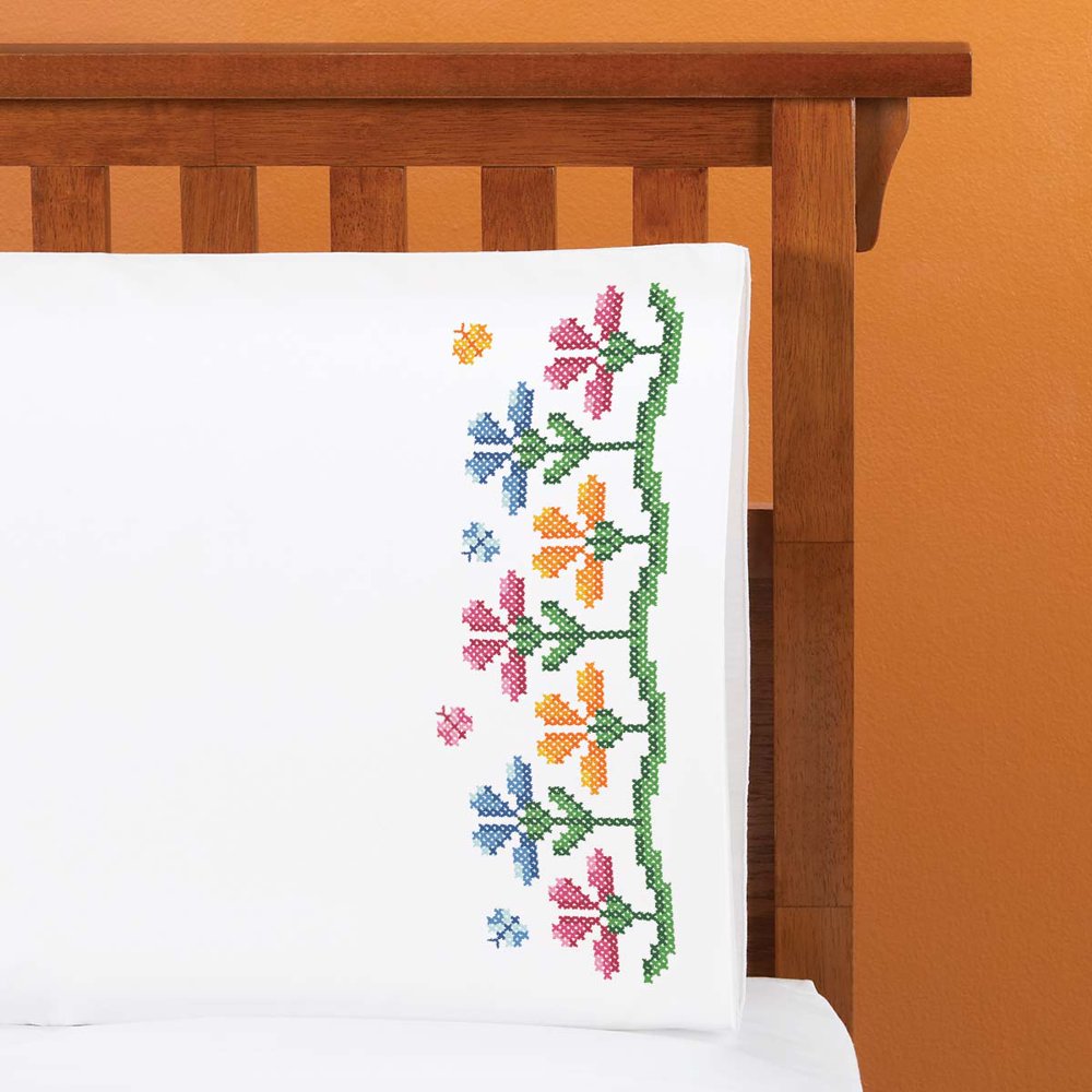 Herrschners® Butterflies & Blossoms Pillowcase Pair Stamped Cross