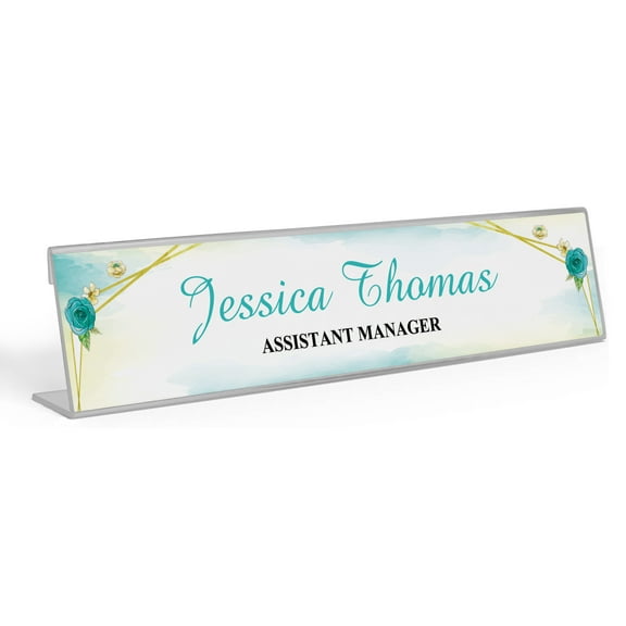 Printtoo Personalized Desk Name Plate Pretty Water Colour Flower Custom Acrylic Office Desk Name Plate Accessory 2x10 Inches