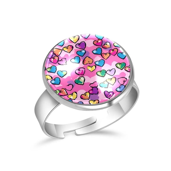 PhooArto Love Heart Colorful Pattern Stainless Steel Rings for Women, Open Adjustable Ring Promise Ring Jewelry Gifts