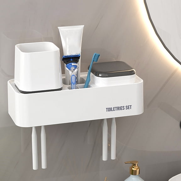 Wall Mounted Toothbrush Holder With 2 Cups, ABS Bathroom Toothbrush and Toothpaste Organizer