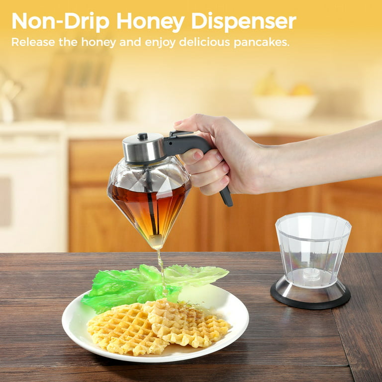 Honey Dispenser, Glass Syrup Dispenser for Pancakes, Elegant Diamond Shaped  Honey Pot, Honey Jar with Stand Base, No Drip Sauce Dispenser for Edible Oil,  Vinegar, Soy sauce 