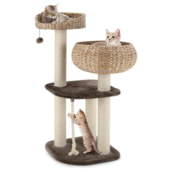 Modern for Indoor Cats, Small/Tall Cat Tower with Natural Sisal Scratching Post, Hand-Made Wicker Cat Condo & Top Perch, Funny Hanging Toy Ball, Cute Tower for Large Cats