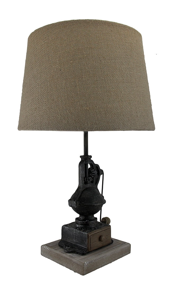 Antique Finish Vintage Coffee Grinder Table Lamp w/Burlap Fabric Shade