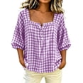 thumbnail image 3 of Tnhcen Women Summer Top French Square Neck Gingham Blouse Puff Sleeve Casual Loose Fit Button Down Boho Shirt for Women Daily Vacation XS-4XL, 3 of 4