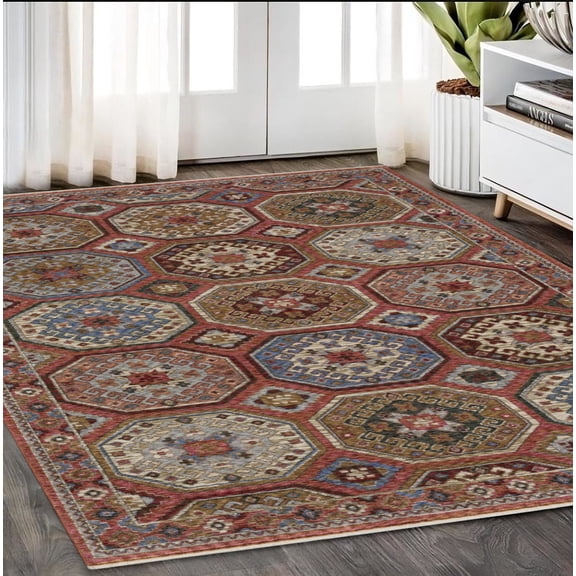 5' X 8' Pink And Red Medallion Area Rug With Fringe