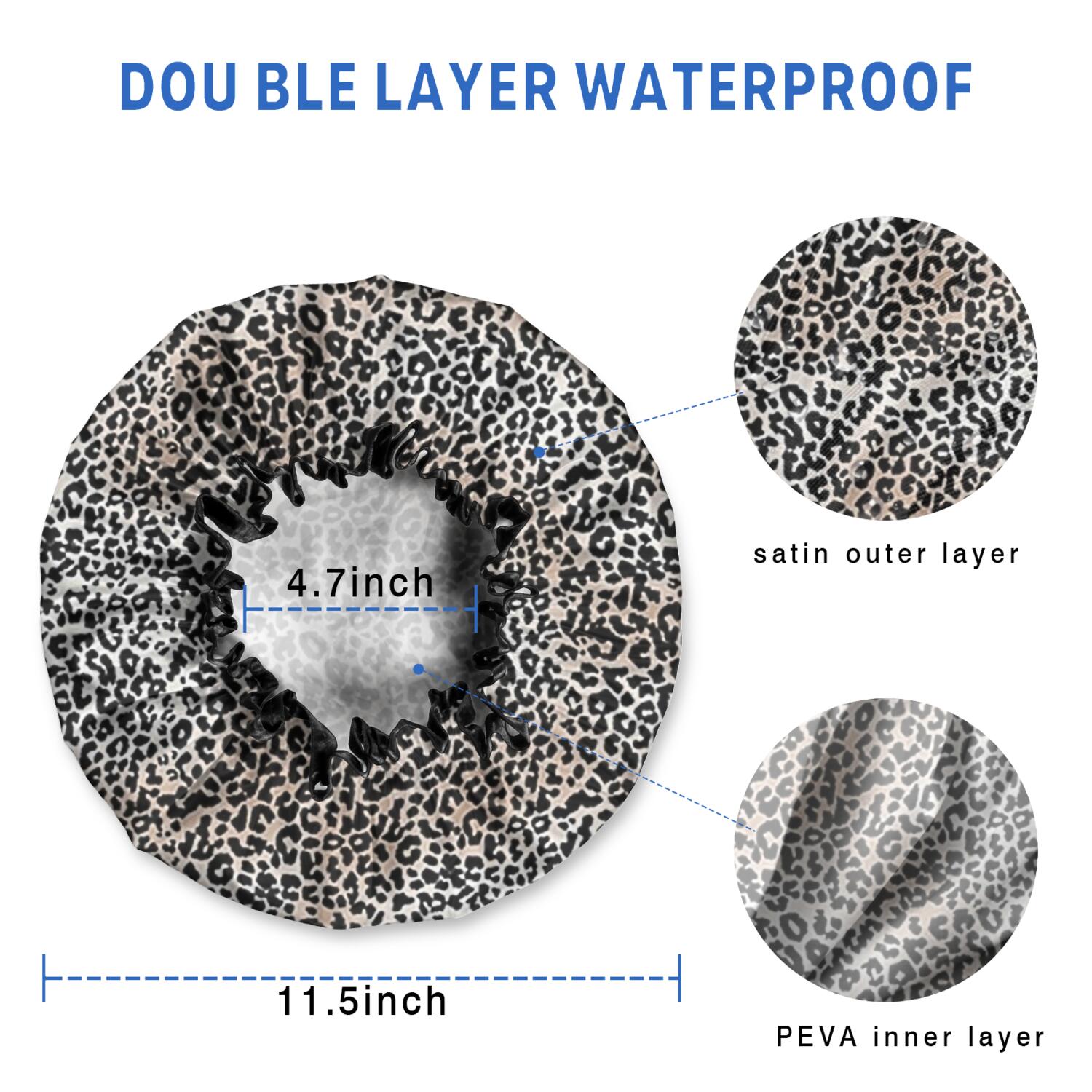 Shower Caps,Black and Tan Leopard Print Waterproof Shower Cap for Women 4 Pieces,Double Reusable Hair Cover for Shower PEVA Elastic Stretch Hem