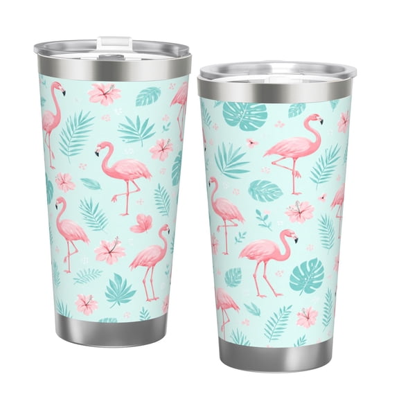 20oz Flamingo Tumbler with Handle and Straw Tropical Floral Stainless Steel Insulated Travel Coffee Cup Gift with Double Silver Rim