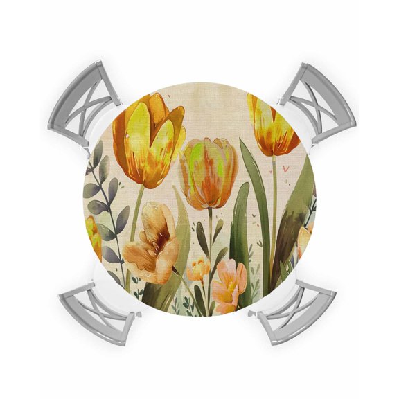 nqOlkjepod Yellow Orange Spring Floral Round Tablecloth, Fitted Table Cover with Elastic for 55"-60" Round Tables, Summer Botanical Tulip Vintage Table Cloth Dinning Party Waterproof Tablecloths
