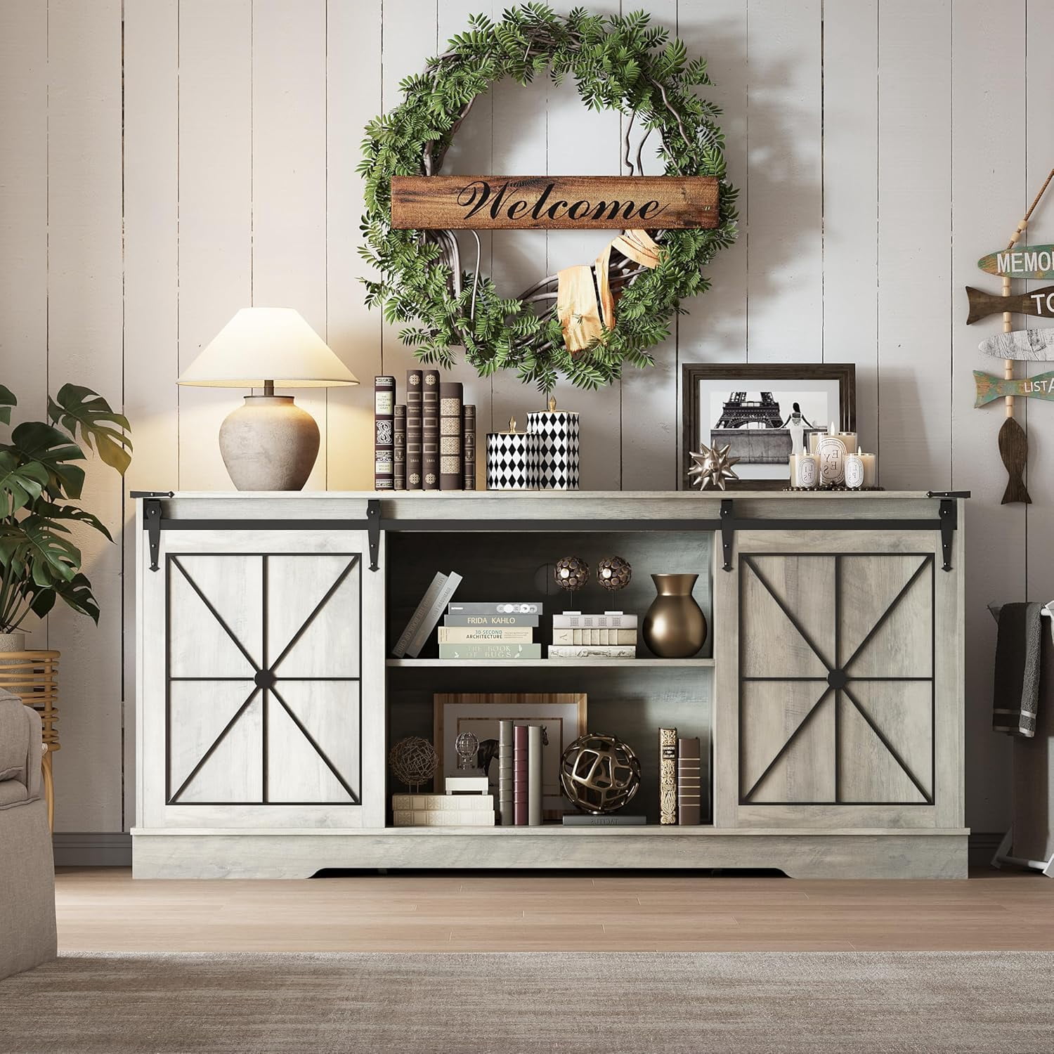 FANRAL Farmhouse TV Stand with Sliding Barn Doors,Rustic Entertainment Center for 65 Inch TV,Media Console with Storage Cabinets & Cable Holes for Living Room,Gray TV Stand