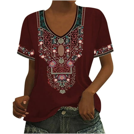 

Corset Tops for Women Floral Fashion Woman Causal V-Neck Printing Blouse Short Sleeve T-Shirt Summer Tops Cropped T Shirts for Women Wine XL