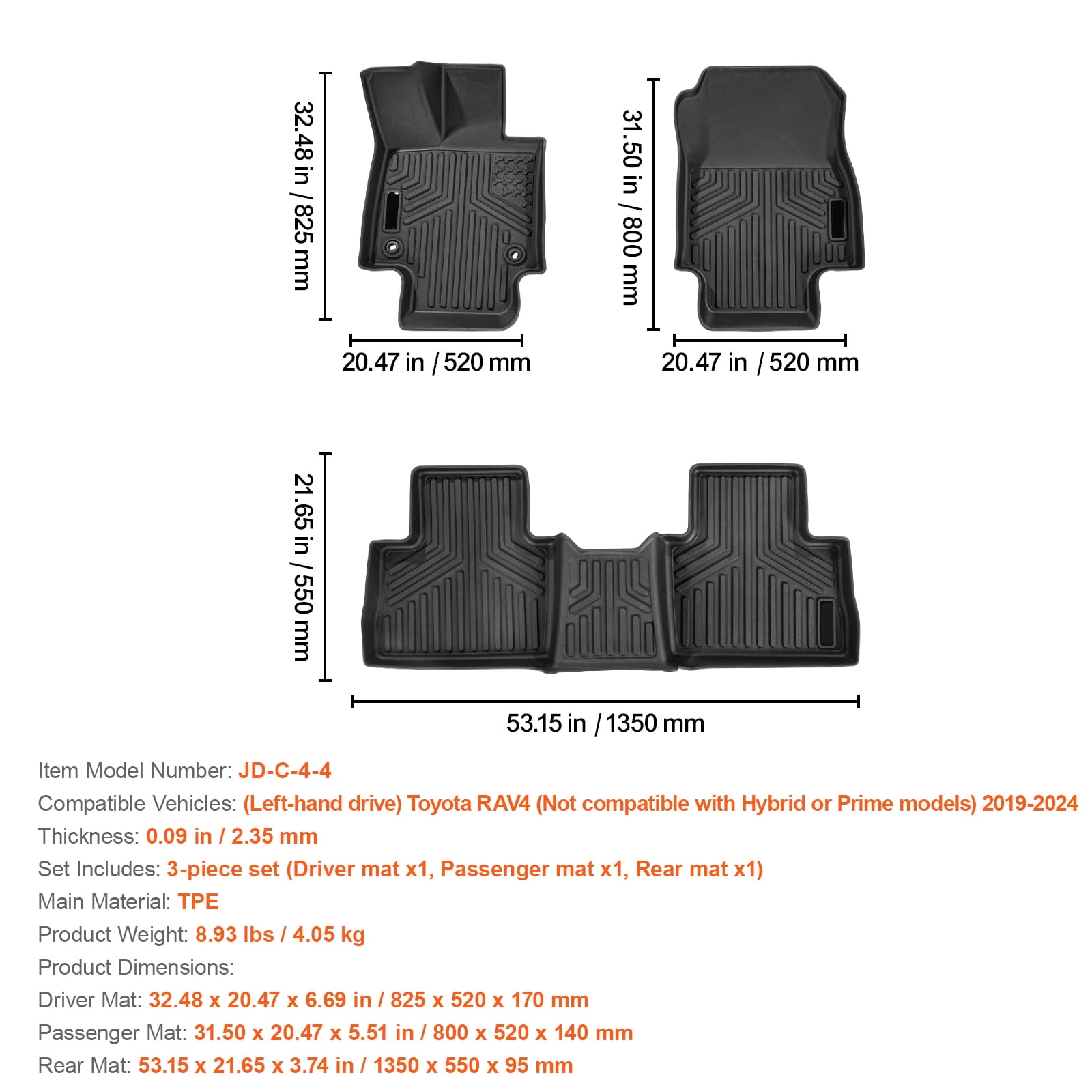 KFFKFF Car Floor Mats, Compatible with Toyota RAV4 (Excluding Hybrid or Prime) 2019-2024, Set of 3 Front and Second Row Liners, Weather-Resistant Customized TPE Car Floor Mats, Simple to Maintain