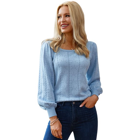 Zeagoo Womens Sweater 2025 Casual Cute Lightweight Puff Sleeve Cozy Crochet Knit Pullover Tops Blouse