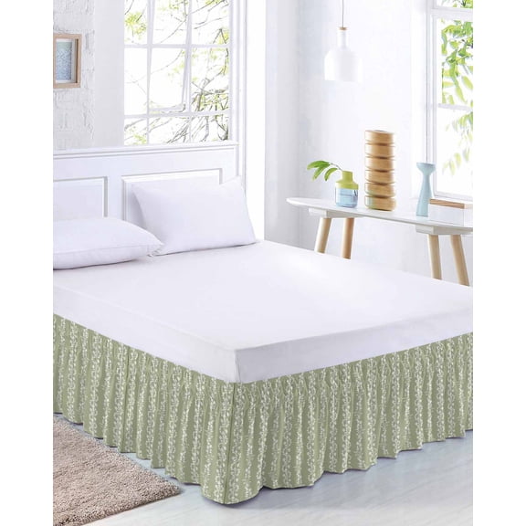 Leaves Bed Skirt King Size 18 Inch Drop, Watercolor Abstract Floral Leaf Stripes Sage Green Background Adjustable Elastic Dust Ruffles Bedskirt for King Bed Wrap Around Pleated Mattress Frame Cover