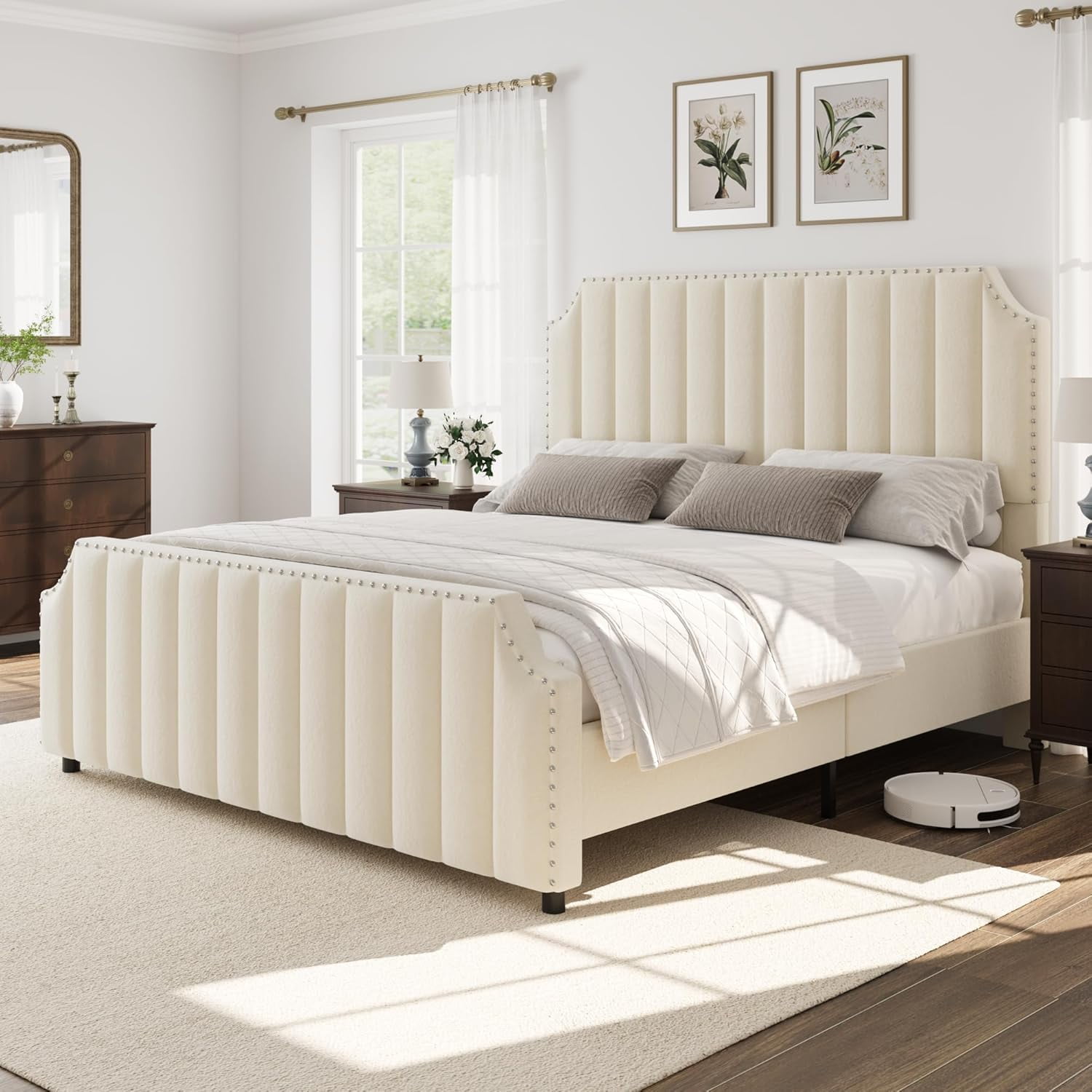 King Size Platform Bed Frame with 50.2" Headboard, Velvet Upholstered Bed Frame King with Vertical Channel Tufted Headboard & Footboard, Nailhead Trim, No Box Spring Needed, Cream