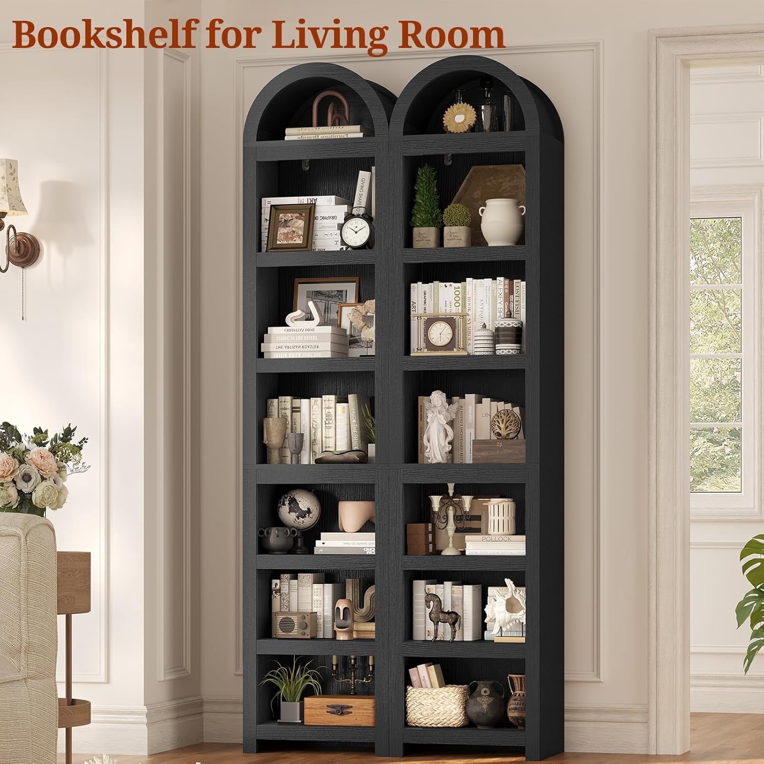 76" Tall Narrow Arched Bookcase, 7-Teir Mid-Century Modern Bookshelf with Adjustable Shelves for Living Room, Home Office, Black