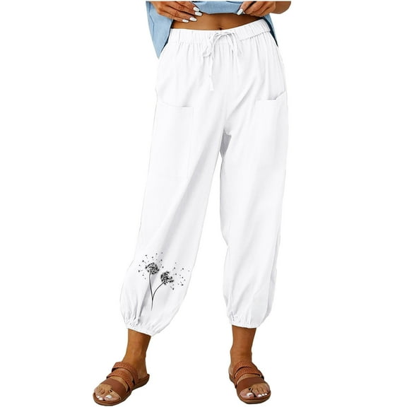 Diufon Womens Cotton Linen Pants Elastic Waist Drawstring Pants Printed Pants with Pockets
