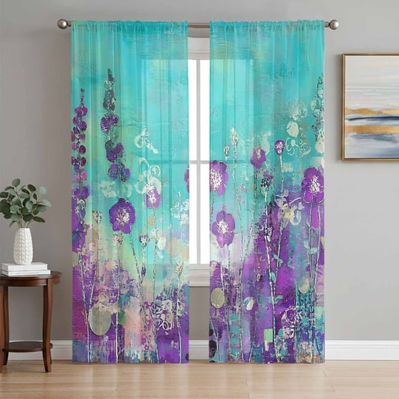 Purple Wildflower Sheer Curtains 72 Inch Length 2 Panels Set, Botanical Watercolor Floral Plant Voile Window Treatment Rod Pocket Curtains Sheers Drapes for Bedroom/Living Room/Kitchen 52"x72"x2