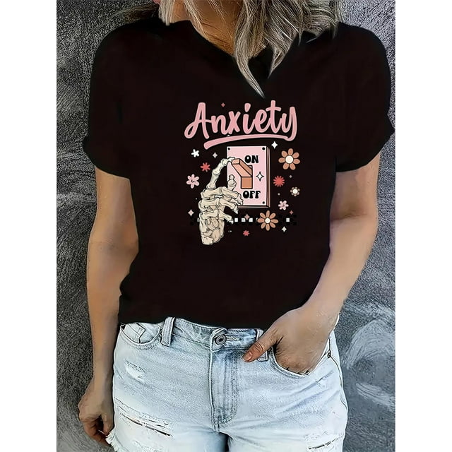 T-Shirt Femme Chic Rose Crâne & Imprimé Lettre - Col Rond Décontracté, Manches Courtes, Mélange Polyester Extensible, Lavable en Machine - Parfait pour la Fête des Pères, Fête des Mères, Nouvel An, Festival de Printemps