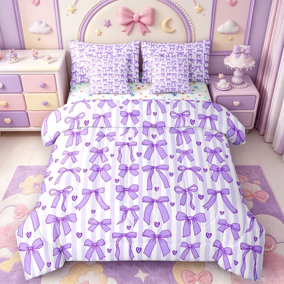 Manfei Cute Purple Bowtie 7-Piece Twin Bedding,Fashion Bowknot Heart Print Bedding Comforter Set,Colorful Stars Reversible