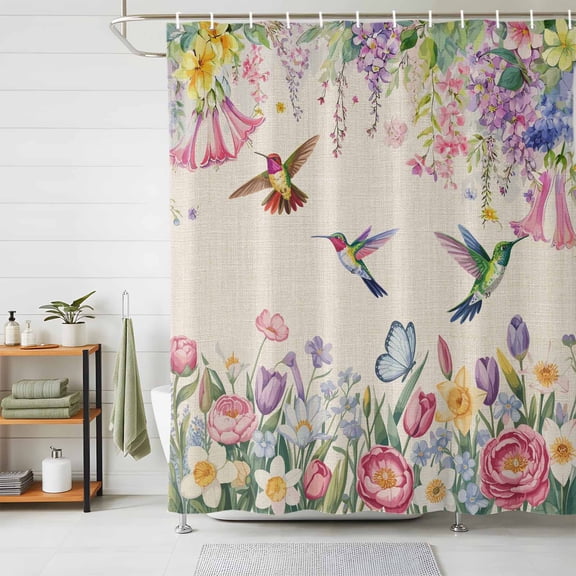 Shower Curtain Watercolor Floral Hummingbird Shower Curtains for Bathroom Decor, Waterproof Polyester Shower Curtain Set with Hooks, Extra Long 72" x 84" Spring Plant Linen Texture