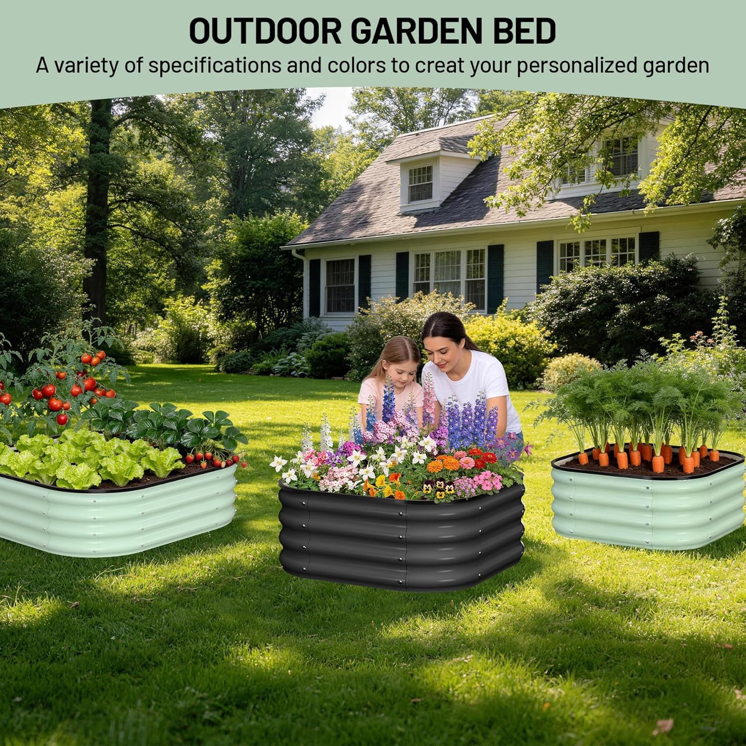 2 Pcs Galvanized Raised Garden Bed, Raised Garden Beds Outdoor, Squircle Planter Raised Beds with Gloves and Rubber Edge Trim for Vegetables, Flowers and Herbs, 2x2x1 FT, Green/Dark Grey