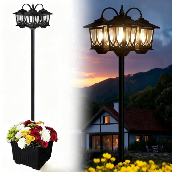 Hoodink 73" Solar Lamp Post with Planter, 3-Head Outdoor Waterproof LED, 3000K Warm White Garden Pathway Lighting