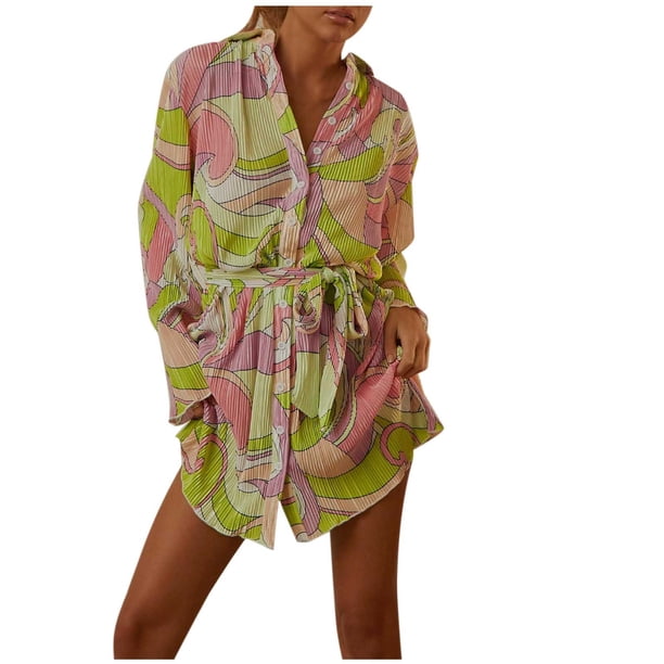 Vestido informal de manga larga con cuello en V y solapa con estampado de flores y cordones para mujer de primavera y otoño Pompotops hdfakjf9651