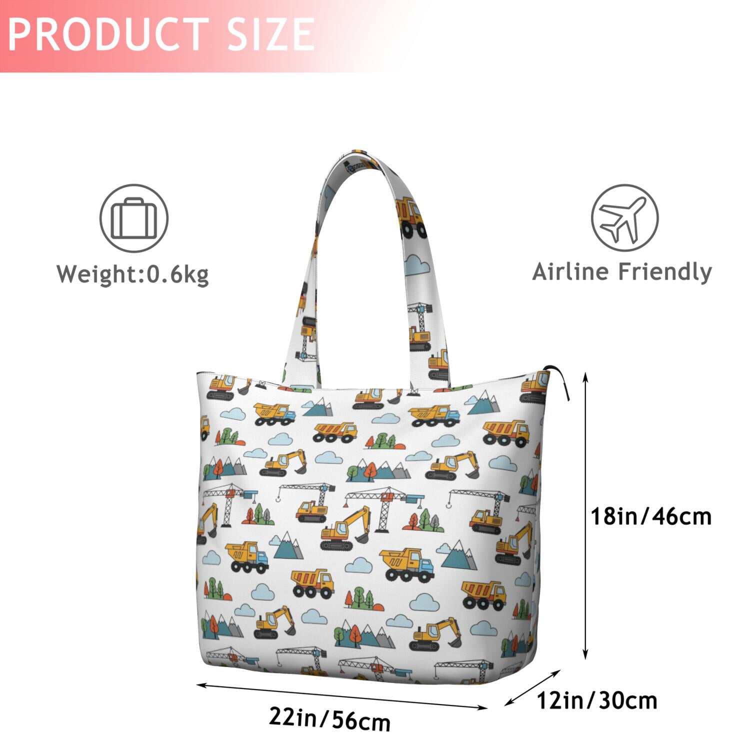 Cartoon Construction Vehicles Mountains Travel Tote Bags for Women Carry On,Large Weekender Bags for Women Travel,Multi Functional Duffle Bag for Work,Shopping,Sports