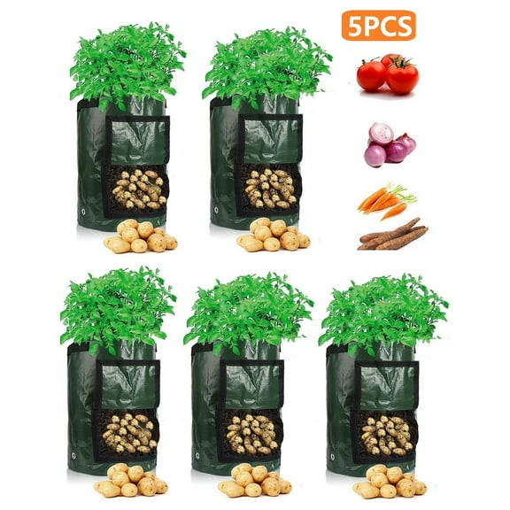 5 Pack 10 Gallon Potato Grow Bags with Flap Window & Sturdy Handles, Garden Vegetables Planting Bag Planter Heavy Duty Growing Container for Tomato Onion Carrot Flowers Fruits, Green