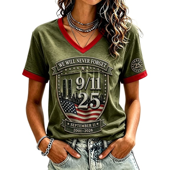 Never Forget 9/11 Shirt for Women Patriotic V-Neck Tee with Red Trim & 25 Years Patch, Soft Cotton Relaxed Fit American Flag Memorial Top Army Green L