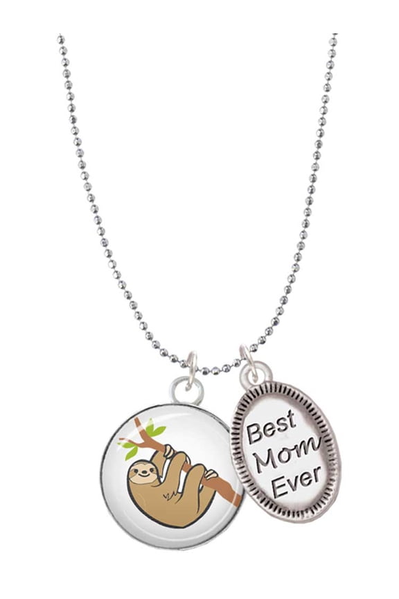 Silvertone Domed Sloth Best Mom Ever Charm Necklace