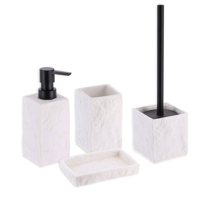 White Stone Effect Soap Dish Holder Cup Dispenser Tray
