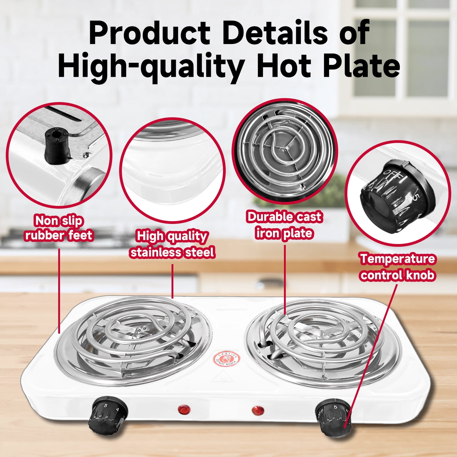 Hot Plate,Double Burner, 2000W Electric Stove Burner with 5 Levels Temperature Control, Countertop Double Coil Burner Cast Iron Cooktop for All Cookwares Home Camp RV,White