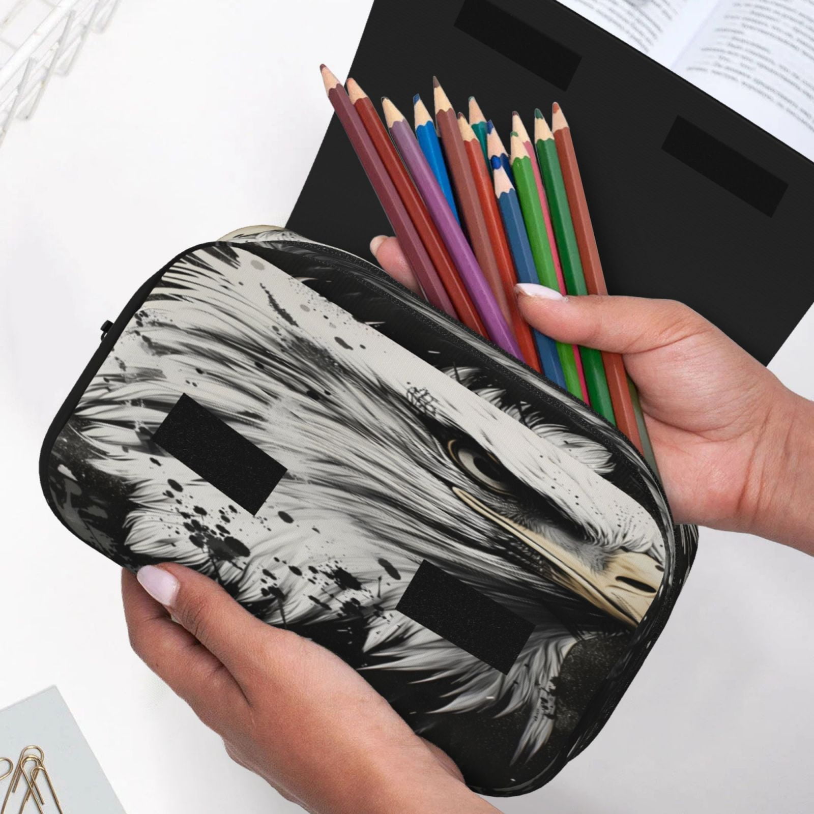 Rateoe Ink Style Bald Eagle Pattern Double Clamshell Pen Case, Storage Organizer with Two Zipper Compartments– Holds Up to 50 Pencils & Pens