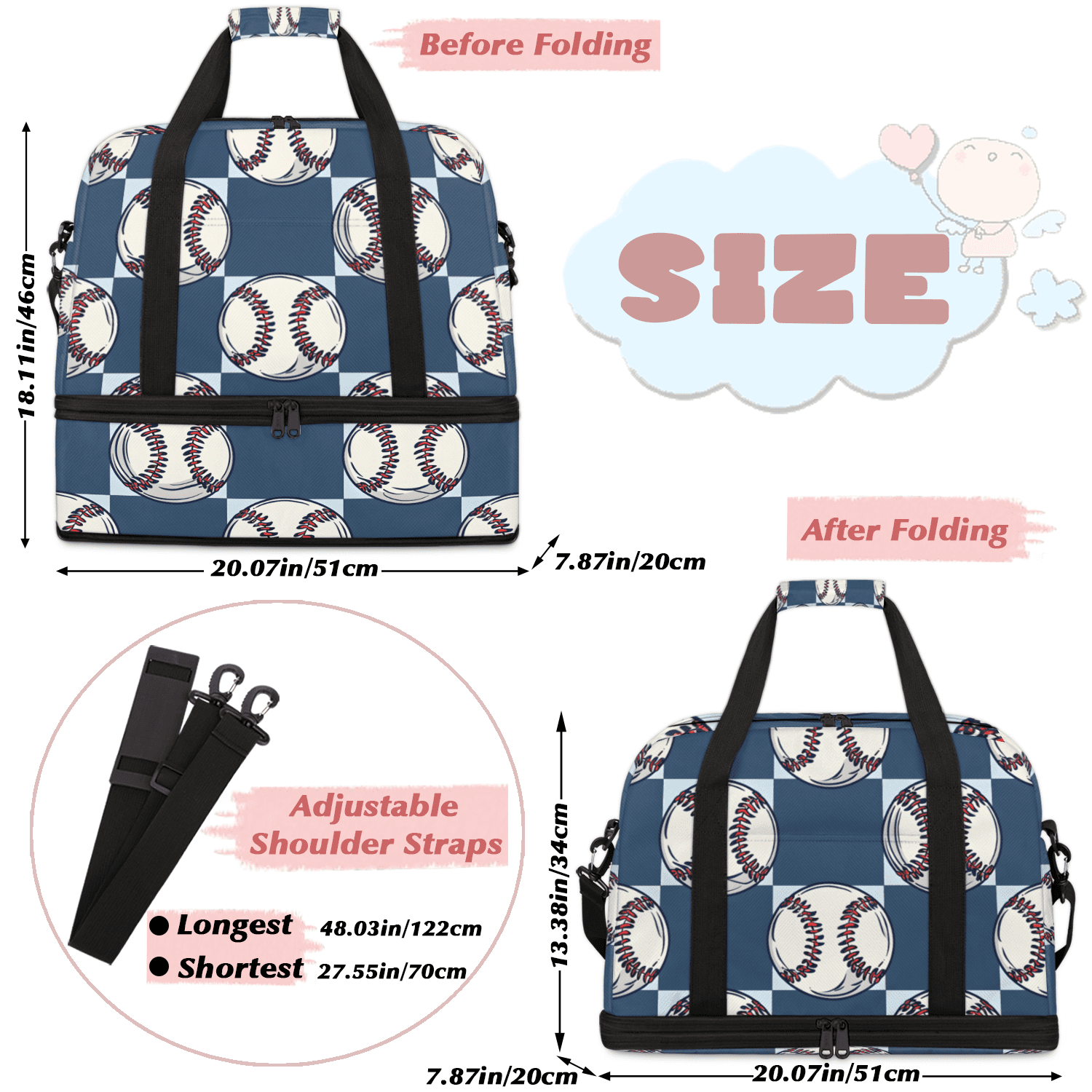 Herdesigns Baseball Travel Duffel Bag with Shoe Compartment Baseball Print Large Foldable Waterproof Weekend Overnight Bag for Beach Swim Pool Bags Sports Gym