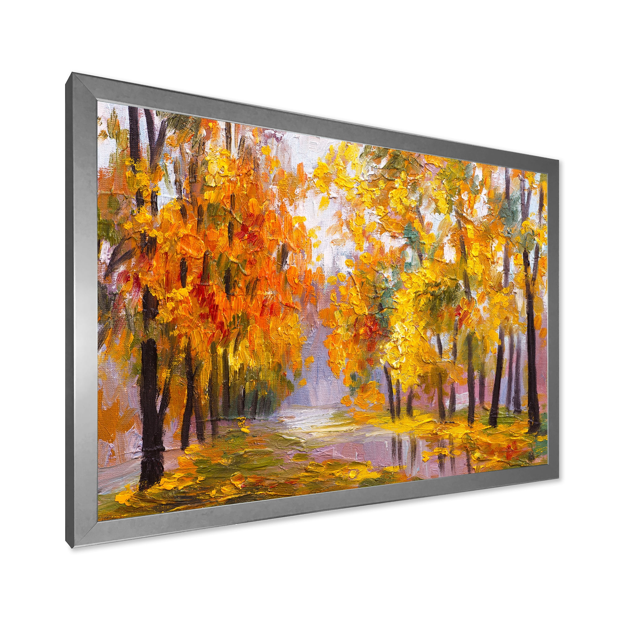 Designart 'Forest Full Of Fallen Leaves In Autumn Along River' Lake House Framed Art Print