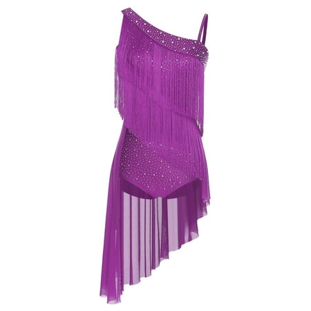SiiRoh Latin Dance Dress for Women Asymmetrical Shoulder Fringe Skirted Leotard Samba Ballroom Dancing Purple XL
