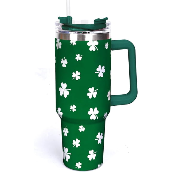 40oz St. Patrick''s Day Tumbler with Handle Straw and Lid Travel Tumbler Green Shamrock Clover Coffee Cup for Irish Holiday Party Home Office