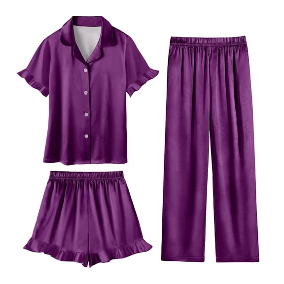 LEKWK Girls Pajamas 3 Piece Set Teen Satin Soft Ruffle Sleepwear Short Sleeve Button Down Tops with Shorts and Pants Summer Home Loungewear 5-14Y