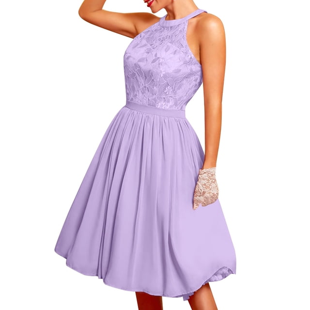 WILLBEST Robe X Femme Sans Manches Formelle Dames Mariage Demoiselle d'Honneur Dentelle Longue Robe en une Douce Couleur Lavande. la Robe Présente un Corsage en Dentelle Ajusté avec une Encolure Haute et une Jupe Mi-Longue Fluide. Idéale pour les occasions Formelles comme les Mariages, les Tâches de Demoiselle d'Honneur Ou les Événements de cocktail.