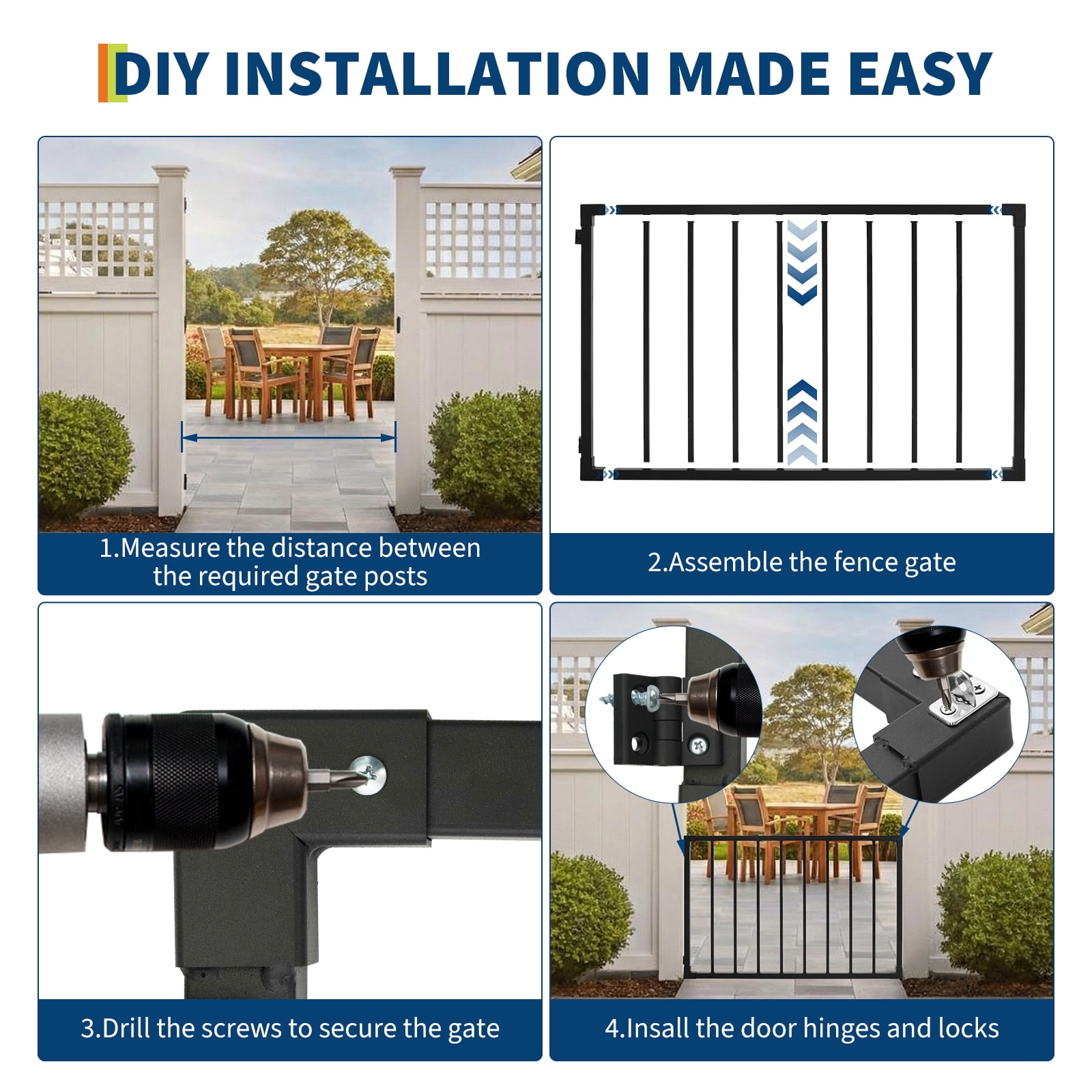 Deck Gate 42-inch Height, Black Heavy-Duty Steel Adjustable Gate for Openings up to 48 inches Wide, Outdoor Patio Safety Gate with Hinges & Latch Included for Yard Porch Stairs