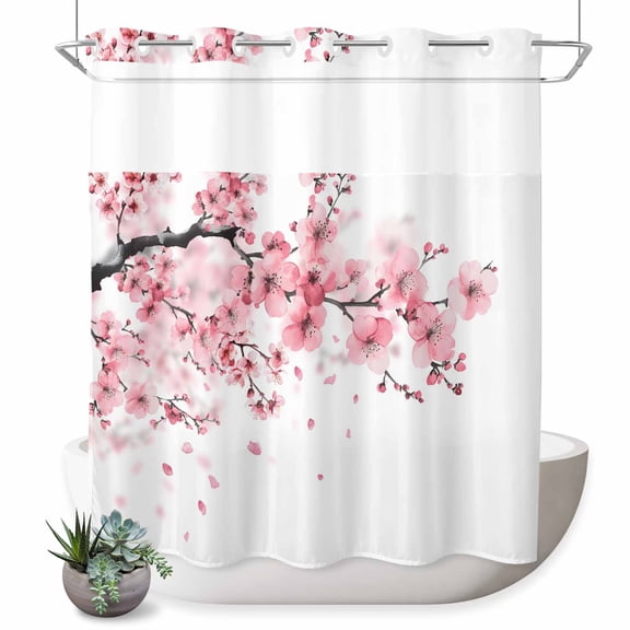 No Hook Shower Curtain with Built-in Rings - Pink Floral Cherry Blossom Washable Waterproof Fabric Bathroom Curtains for Hotel,Rentals, 66 X 72 Inch Long , Spring Flower White