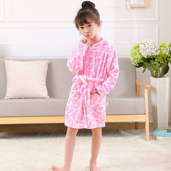 Godderr Kids Boys Girls Robe Baby Toddler Cute Bathrobe Flannel Hoodie Pajamas Sleepwear Autumn Winter Cartoon Warm Soft Pajamas for 1-10Y